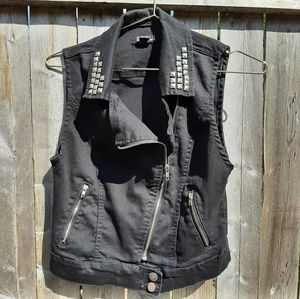 Studded collar black denim moto vest